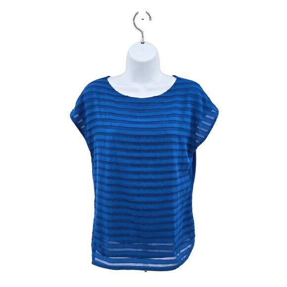 Vince Camuto Royal Blue Short Sleeve Striped Blouse Womens XS Sheer Round Neck - Picture 1 of 5